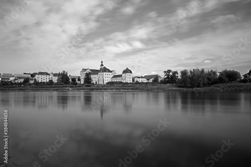 view over the river Elbe to Coswig castle in black and white