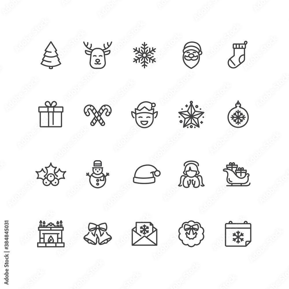 Set of Christmas and New Year icons in line style.