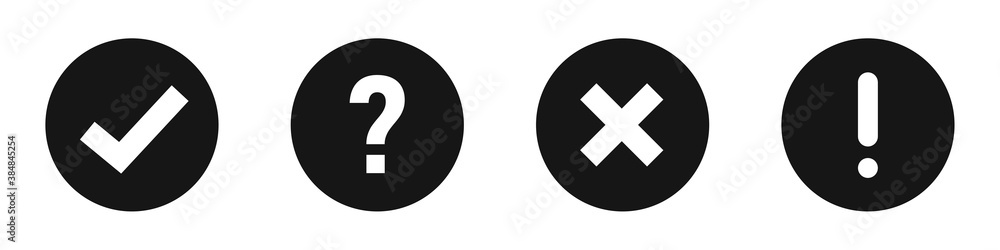 Checkmark cross exclamation question icon on white background. Vector tick and cross symbol. Flat sign. Checkmark cross exclamation question icon on white background. Vector tick and cross symbol. Flat sign.