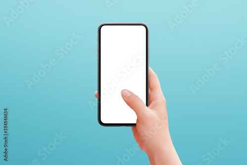 Phone mockup in woman hand. Modern smart phone with round edges. Pastel blue in background