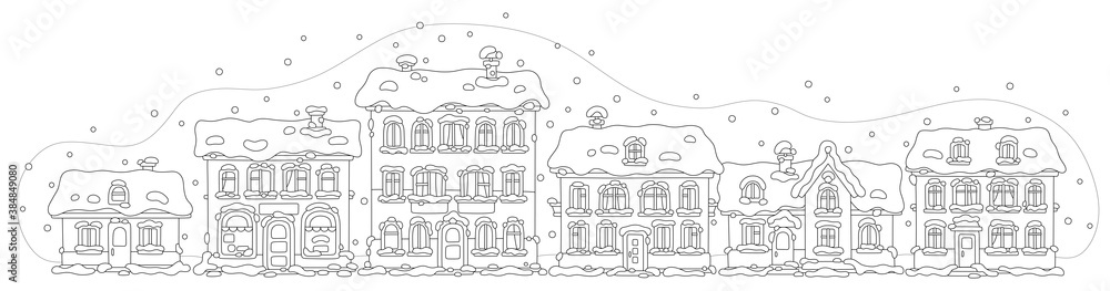 Small toy houses covered with snow on a cold and snowy winter day in a pretty town, black and white outline vector cartoon illustration for a coloring book page