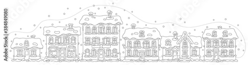 Small toy houses covered with snow on a cold and snowy winter day in a pretty town, black and white outline vector cartoon illustration for a coloring book page