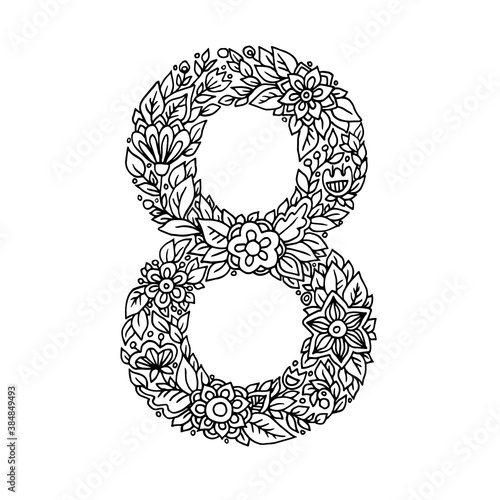 Floral number 8 made of leaves and flowers on white background. Typographic element for design. Hand drawn Vector isolated illustration on white background