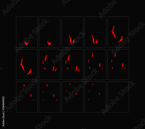 Fire sparks animation. Flame effect sprites sheet for games, video, animation. Colorful cartoon sparks animation. 