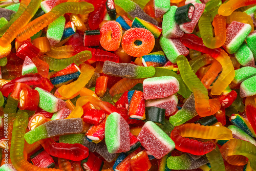 Assorted gummy candies. Top view. Jelly sweets background.