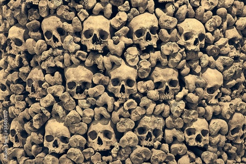 Wall made of human skull and bones photo