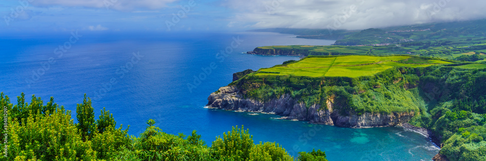 Panorama view to coastline of Sao Miguel island from Santa Iria viewpoint in Azores Panorama view to coastline of Sao Miguel island from Santa Iria viewpoint in Azores