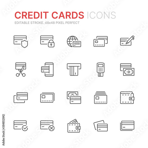 Collection of credit cards related line icons. 48x48 Pixel Perfect. Editable stroke