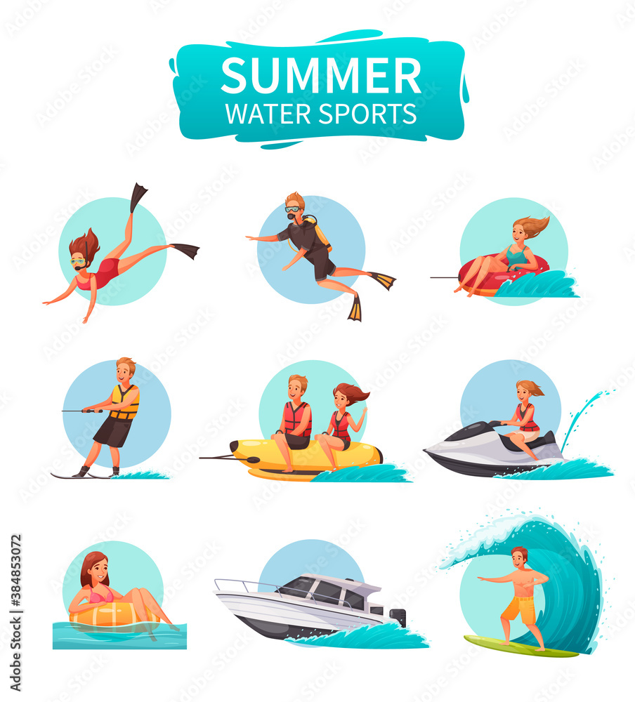 Water Sports Cartoon Icons Set Water Sports Cartoon Icons Set