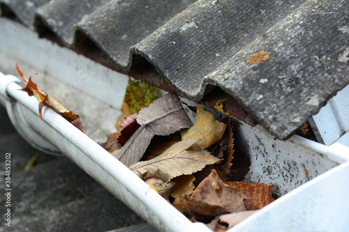 Fotografie A close-up on a clogged rain gutter by fallen leaves, dirt, lichen and moss from asbestos roof what could prevent water from draining and damage the roof and exterior wall