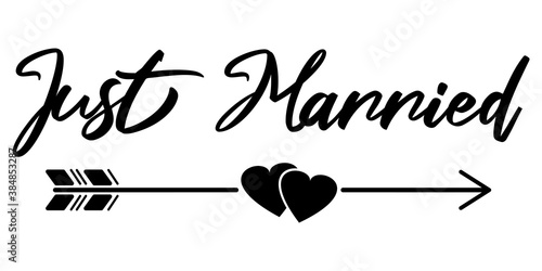 Just Married text with arrow and hearts. Black sign isolated vector illustration.