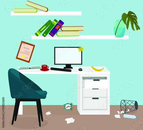 clutter in the workplace, the concept of freelancing and procrastination. Deadline