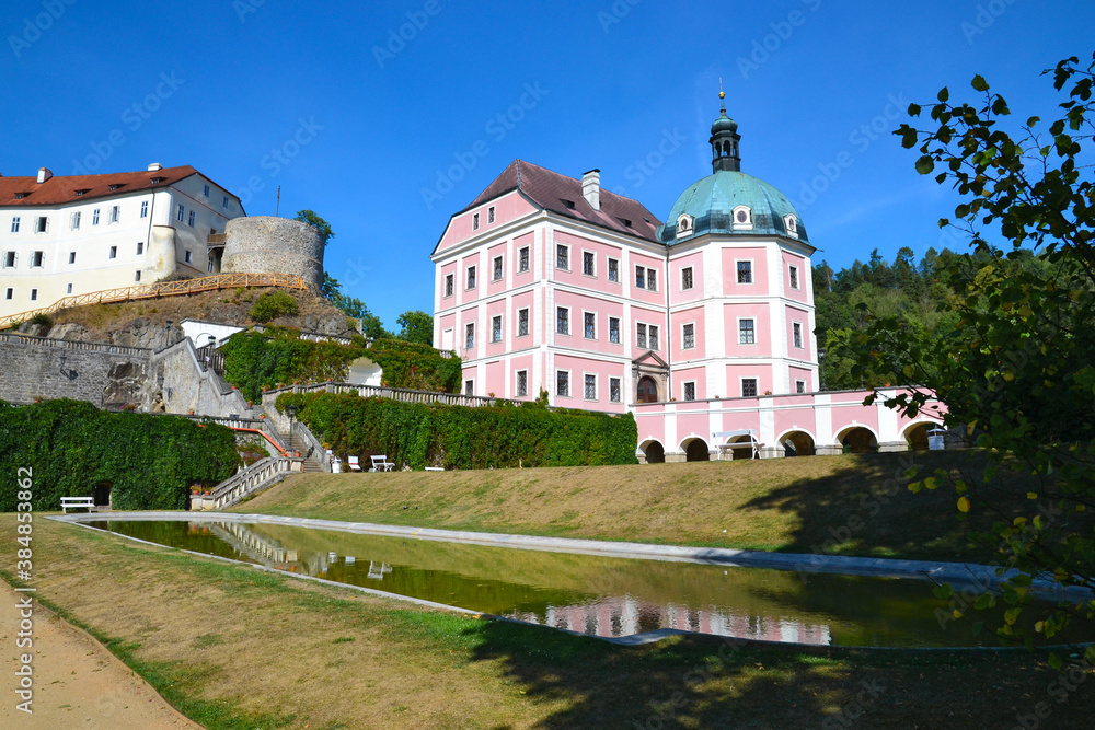 Beautiful baroque chateau and gothic castle with gardens in the ancient town of Becov nad Teplou near the spa town of Karlovy Vary, Czech Republic.