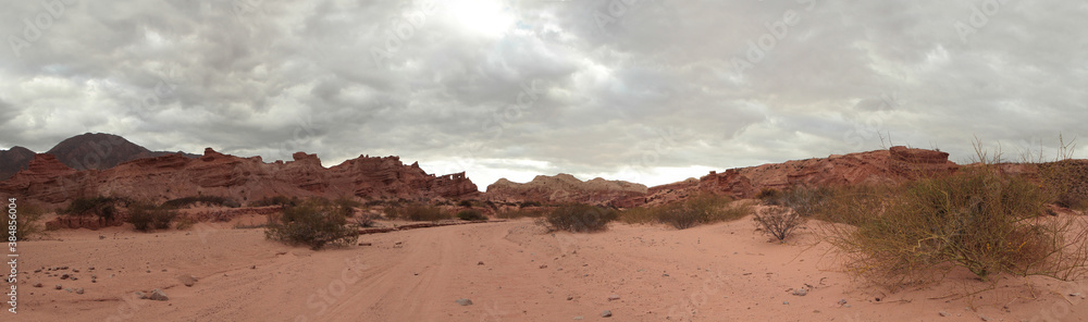 The arid desert in a hot day. Panorama view of the red sand, desert shrubs, sandstone and rocky formation in the background under a cloudy sky. 