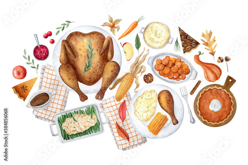 Thanksgiving day flat lay watercolor illustration isolated on white background. Thanksgiving dinner hand drawn composition, perfect for invitations, greeting cards, flayers.