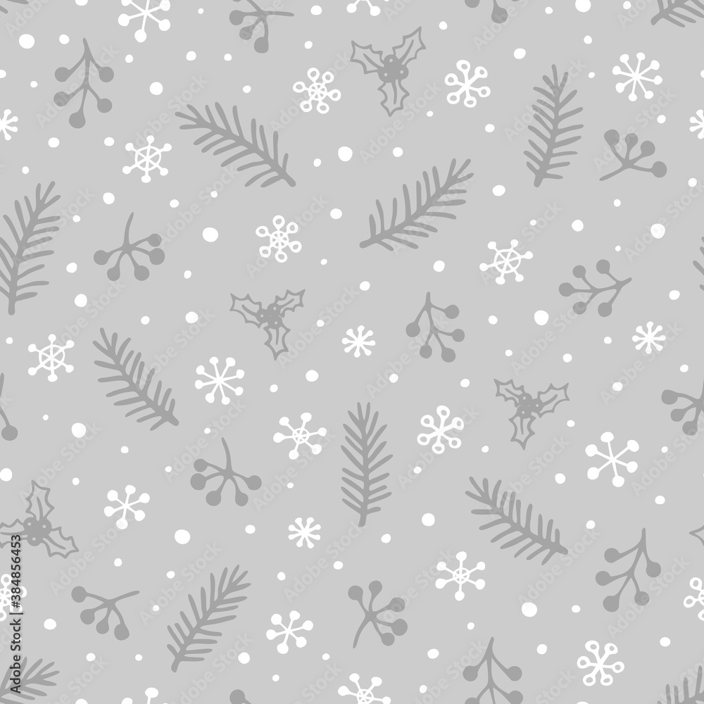 Vector seamless pattern with hand drawn spruce branches, Holly, berries and snowflakes. Cute design for Christmas wrappings, textile and backgrounds