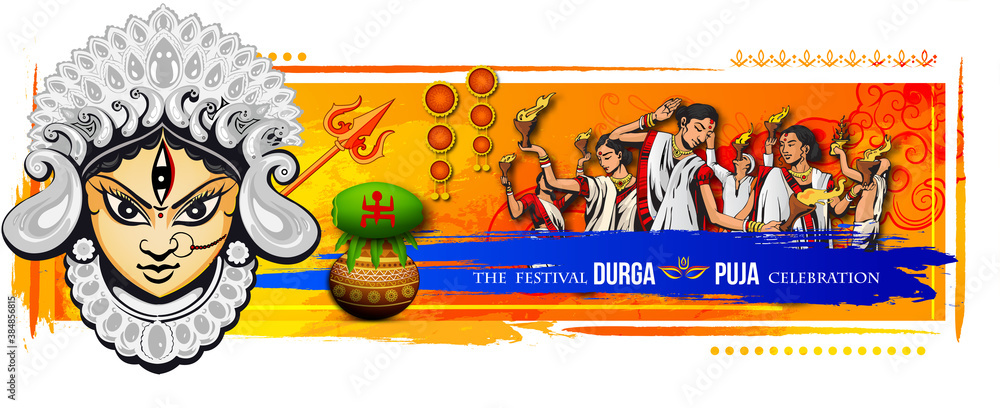 Fototapeta premium Illustration of Goddess Maa Durga in Happy Dussehra Navratri background Template Design celebrated in Hindu Religion and festival of happy durga puja