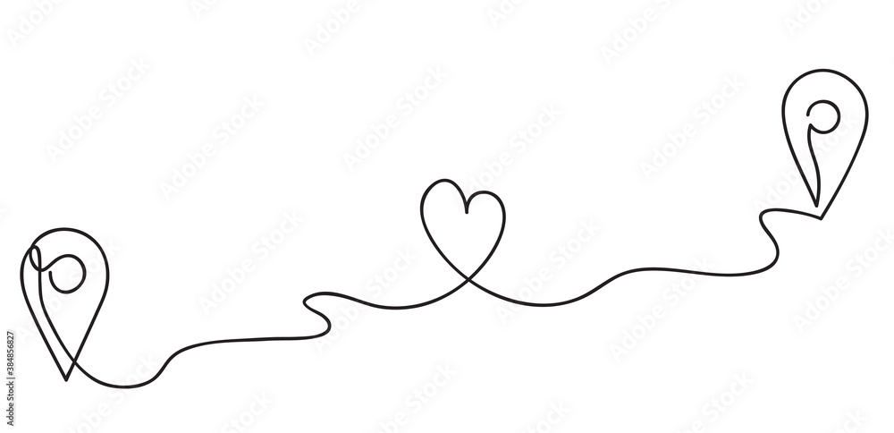 Heart. Abstract love symbol. Traffic route between two loving people. Geolocation signs and trip plan trace with heart symbol. Continuous line art drawing vector illustration Heart. Abstract love symbol. Traffic route between two loving people. Geolocation signs and trip plan trace with heart symbol. Continuous line art drawing vector illustration