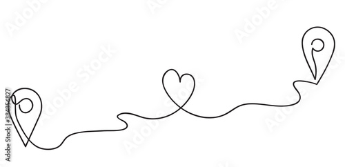 Heart. Abstract love symbol. Traffic route between two loving people. Geolocation signs and trip plan trace with heart symbol. Continuous line art drawing vector illustration