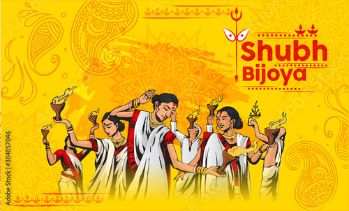illustration of Goddess Durga in Subho Bijoya Happy Dussehra background and celebrating the festival of durga puja