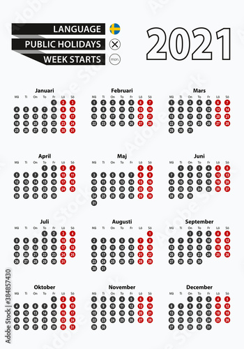 Vector template calendar 2021 with number in circles, simple Swedish calendar for year 2021.