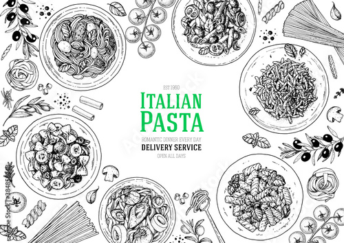 Italian Pasta frame. Hand drawn vector illustration. Italian Pasta top view. Food design template. Farfalle, Penne and Spaghetti illustration. Classic italian cuisine. Engraved style. NEW 2020
