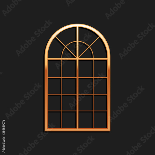 Gold Arched window icon isolated on black background. Long shadow style. Vector.