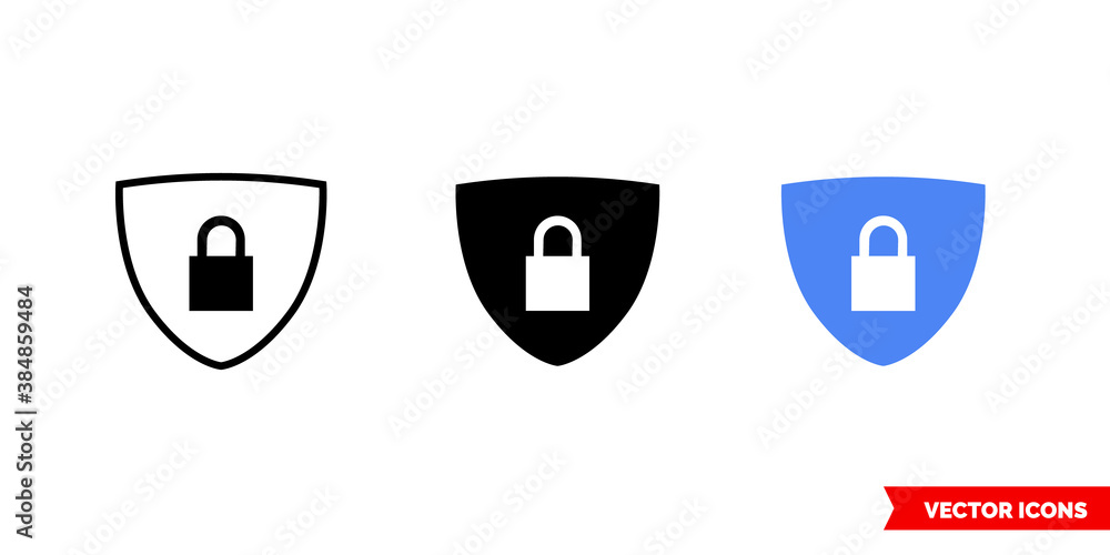 Security shield green icon of 3 types color, black and white, outline. Isolated vector sign symbol.