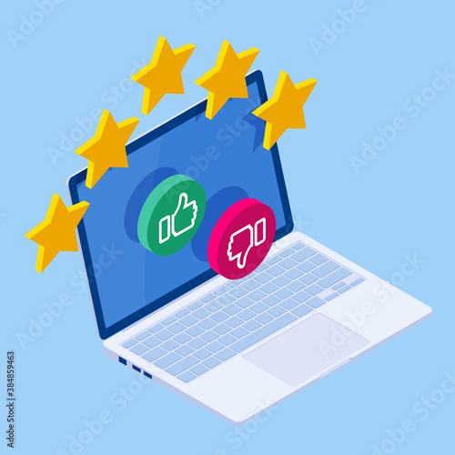 Isometric customer review or feedback concept. Online survey of customer satisfaction, election voting, product development research. Rating on customer service and user experience.