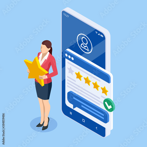 Isometric customer review or feedback concept. Online survey of customer satisfaction, election voting, product development research. Rating on customer service and user experience.