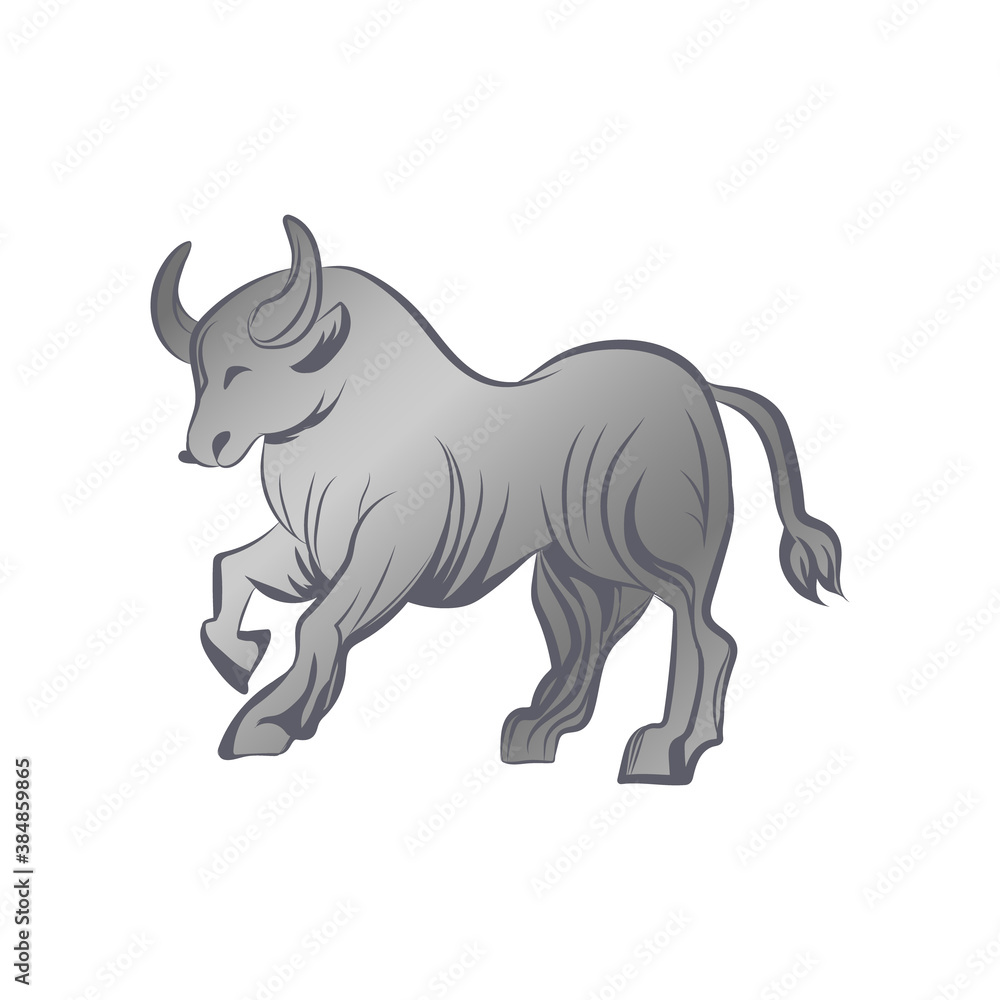 Fototapeta premium Bull running silhouette vector illustration. Silver ox isolated on white background.
