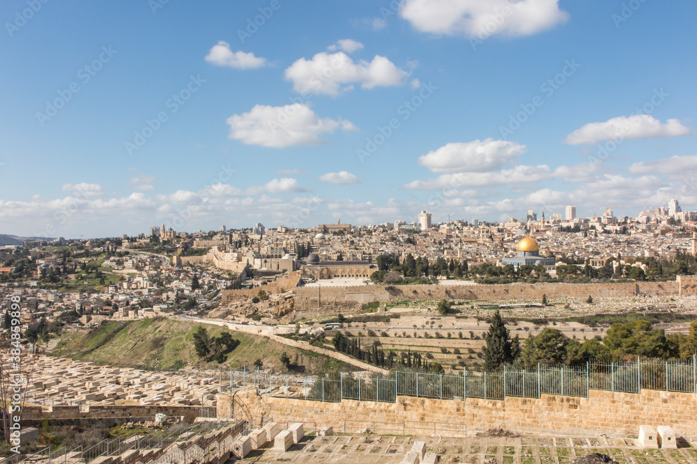 Panorama overlooking the Old City of Jerusalem, including the Dome of the Rock and the Western Wall. Taken from the Mount of Olives.