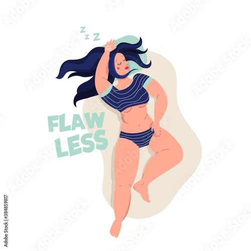 Brunette curvy woman sleeps carelessly vector illustration. Body positive concept. Flawless girl sleeping isolated on white background.