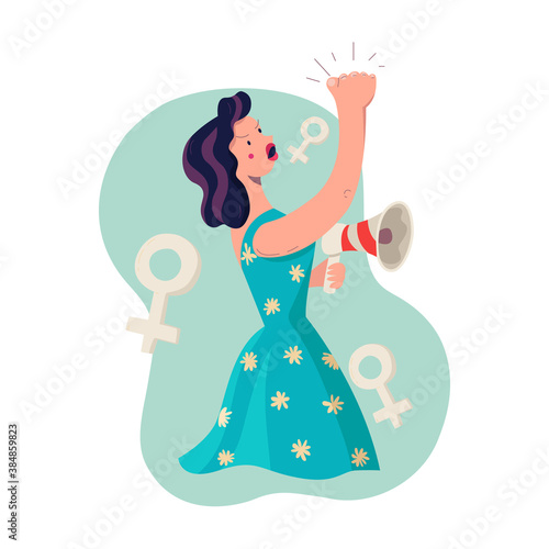 Brunette woman protesting vector illustration. Feminist with loudspeaker fighting for women rights.