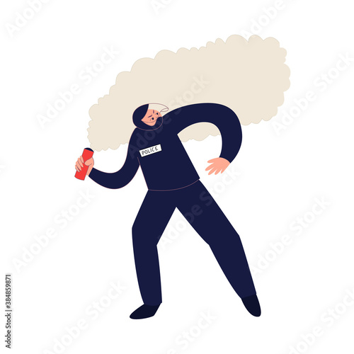 Police officer throwing the smoke bomb vector illustration. Law enforcement officer during the riot isolated on white background.