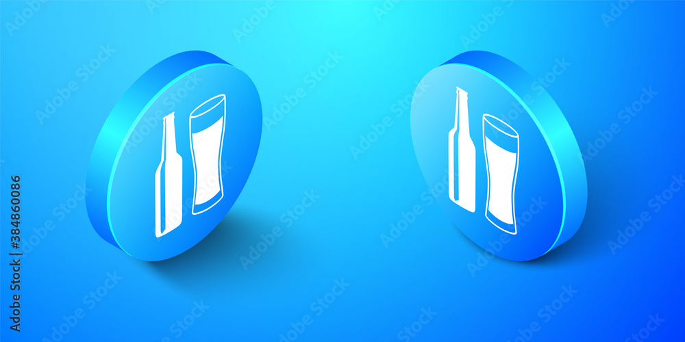 Isometric Beer bottle and glass icon isolated on blue background. Alcohol Drink symbol. Blue circle button. Vector. Isometric Beer bottle and glass icon isolated on blue background. Alcohol Drink symbol. Blue circle button. Vector.