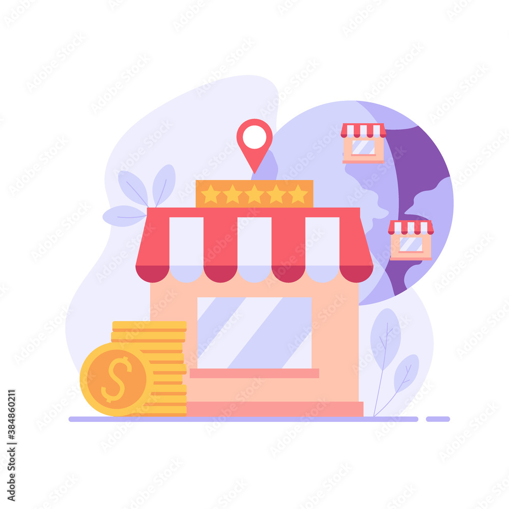 Fototapeta premium Ready business for a franchise. Buying a finished firm or brand. Concept of business industry, franchising, bizopp, distribution. Vector illustration in flat design.