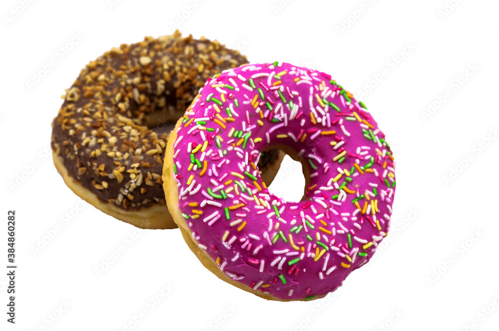 Strawberry and raspberry doughnuts. Walnut donut on a white background. Strawberry and raspberry doughnuts. Walnut donut on a white background.
