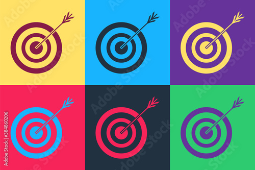 Pop art Target with arrow icon isolated on color background. Dart board sign. Archery board icon. Dartboard sign. Business goal concept. Vector.