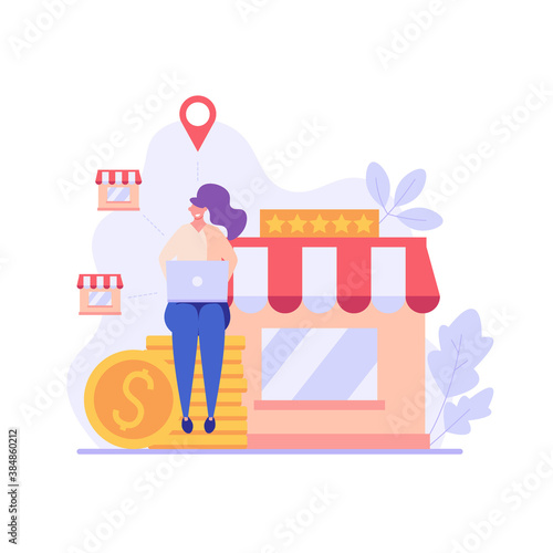 Businessman sitting and buying a franchise. Buying a finished business. Concept of business industry, franchising, bizopp, distribution. Vector illustration in flat design.