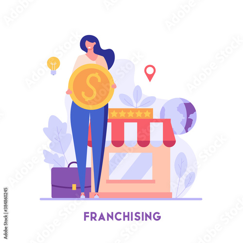 Businessman standing and buying a franchise. Buying a finished business. Concept of business industry, franchising, bizopp, distribution. Vector illustration in flat design.