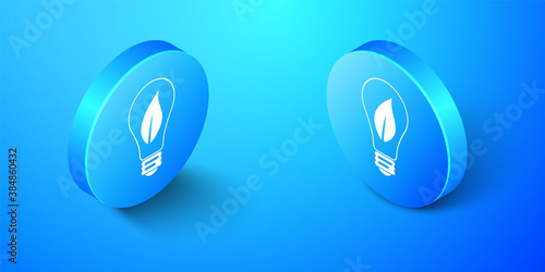 Isometric Light bulb with leaf icon isolated on blue background. Eco energy concept. Blue circle button. Vector.