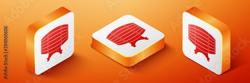 Isometric Wooden barrel on rack icon isolated on orange background. Orange square button. Vector.