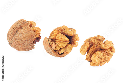 Kernel and whole walnuts isolated on a white background. Set of delicious walnuts.