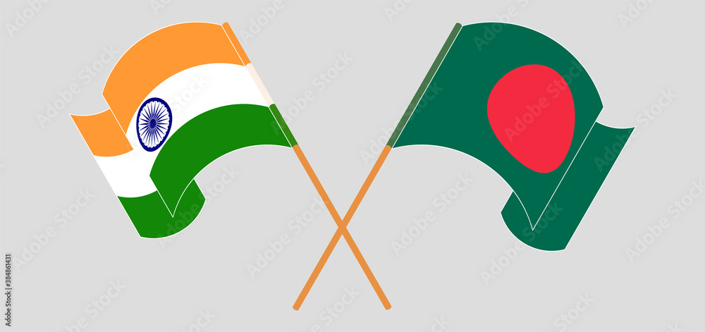 Crossed and waving flags of Bangladesh and India Crossed and waving flags of Bangladesh and India
