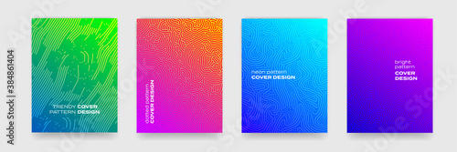 Background patterns with geometric lines and color gradient, abstract vector covers design. Trendy Memphis and jumble maze or liquid color backgrounds, brochures and covers templates