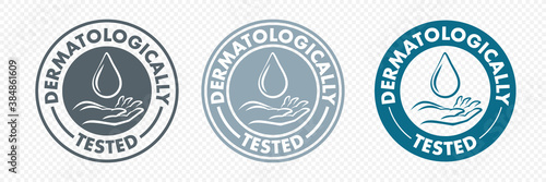 Dermatologically tested hand and drop icon, vector logo. Antibacterial alcohol or medical wash label, dermatology test safe proven sign for health certified and skincare products photo