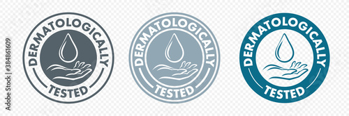 Dermatologically tested hand and drop icon, vector logo. Antibacterial alcohol or medical wash label, dermatology test safe proven sign for health certified and skincare products