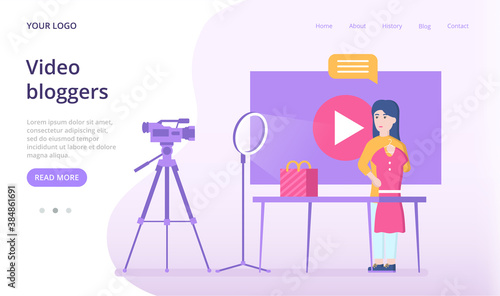 Video blogger fashion girl. Landing page template. Vector illustration.