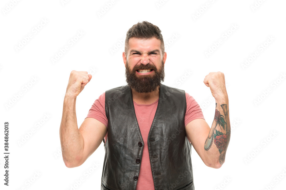Extremely satisfied. Styling beard and moustache. Fashion trend beard grooming. Guy expressing success. Hipster with beard brutal guy. Product recommendation concept. Barbershop and beard grooming Extremely satisfied. Styling beard and moustache. Fashion trend beard grooming. Guy expressing success. Hipster with beard brutal guy. Product recommendation concept. Barbershop and beard grooming